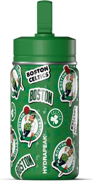 Hydrapeak x NBA Officially Licensed Boston Celtics 14oz Mini Kids Water Bottle with Straw Lid and Handle Reusable Stainless Steel Double Wall Insulated Spill Proof Sports Gift for Boys Girls