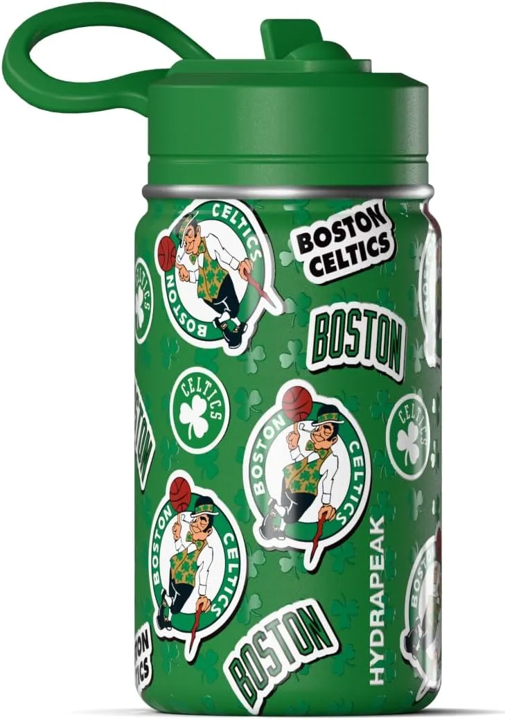 Hydrapeak x NBA Officially Licensed Boston Celtics 14oz Mini Kids Water Bottle with Straw Lid and Handle Reusable Stainless Steel Double Wall Insulated Spill Proof Sports Gift for Boys Girls