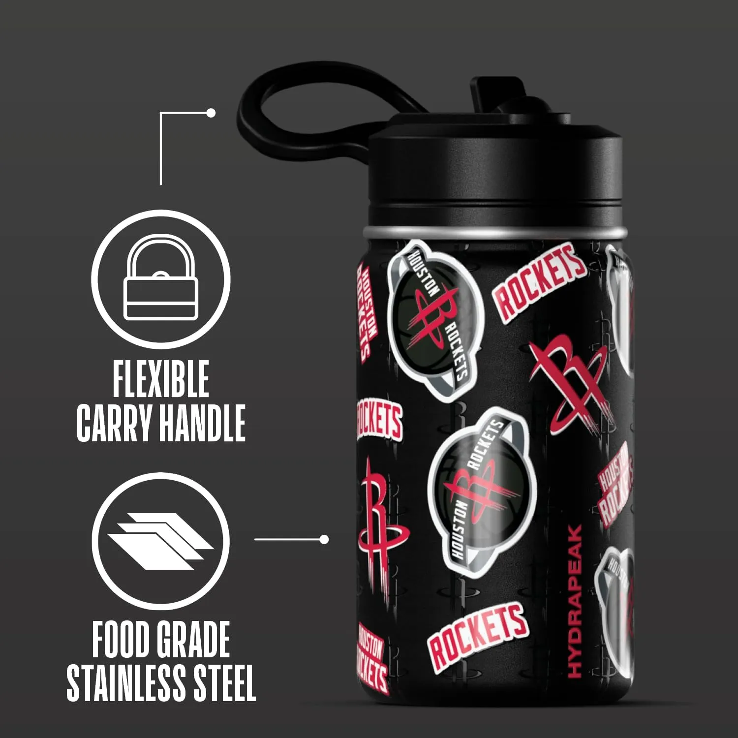 Hydrapeak x NBA Officially Licensed Houston Rockets 14oz Mini Kids Water Bottle with Straw Lid and Handle Reusable Stainless Steel Double Wall Insulated Spill Proof Sports Gift for Boys Girls