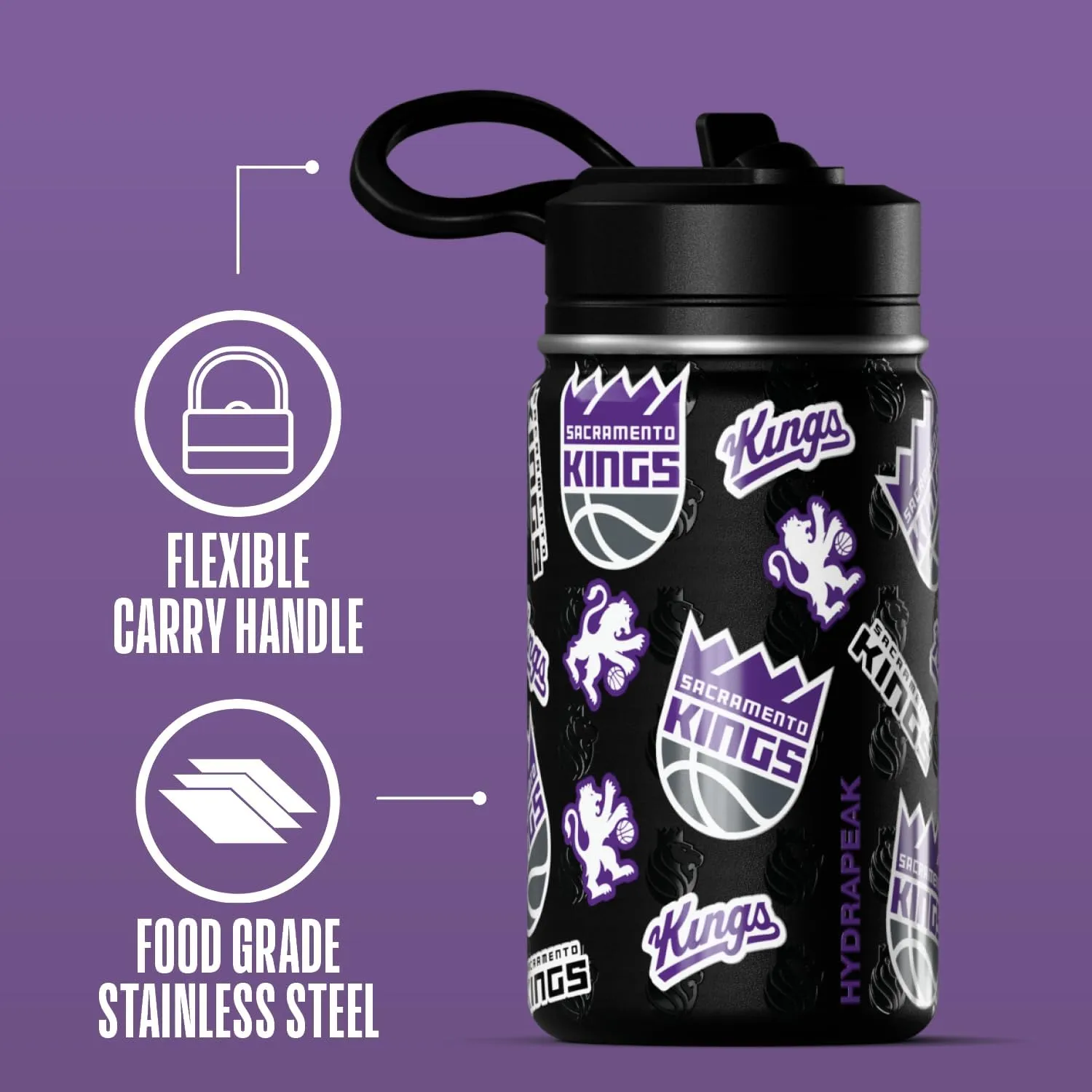 Hydrapeak x NBA Officially Licensed Sacramento Kings 14oz Mini Kids Water Bottle with Straw Lid and Handle Reusable Stainless Steel Double Wall Insulated Spill Proof Sports Gift for Boys Girls