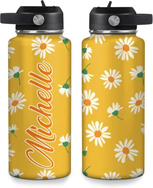 Hyturtle Personalized Gifts For Daisy Flower Lover - White Daisy Flower Print Custom Name Stainless Steel Water Bottle 12oz 18oz 32oz Stainless Steel Bottle With Straw Lid - Gifts For Her Women Girl
