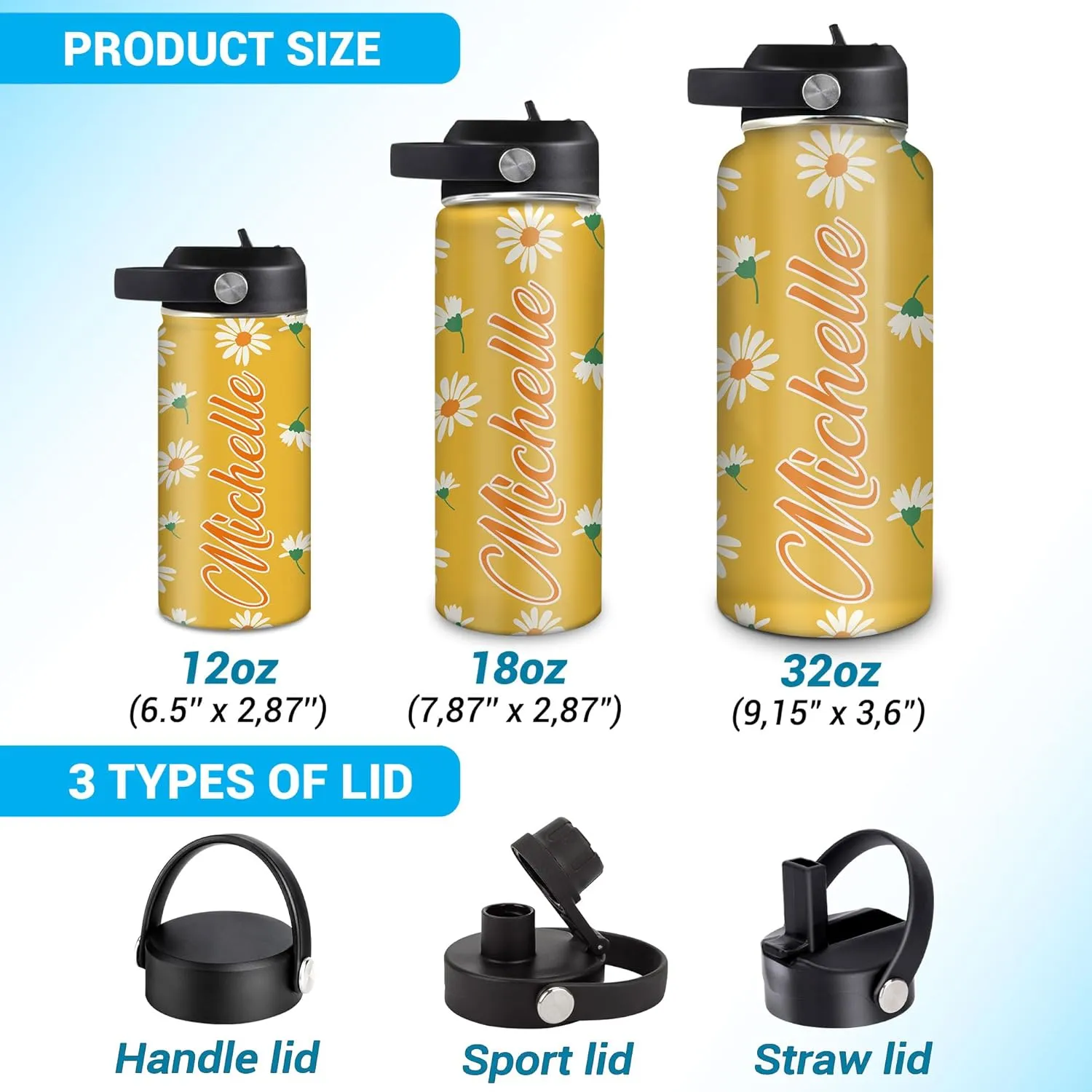 Hyturtle Personalized Gifts For Daisy Flower Lover - White Daisy Flower Print Custom Name Stainless Steel Water Bottle 12oz 18oz 32oz Stainless Steel Bottle With Straw Lid - Gifts For Her Women Girl