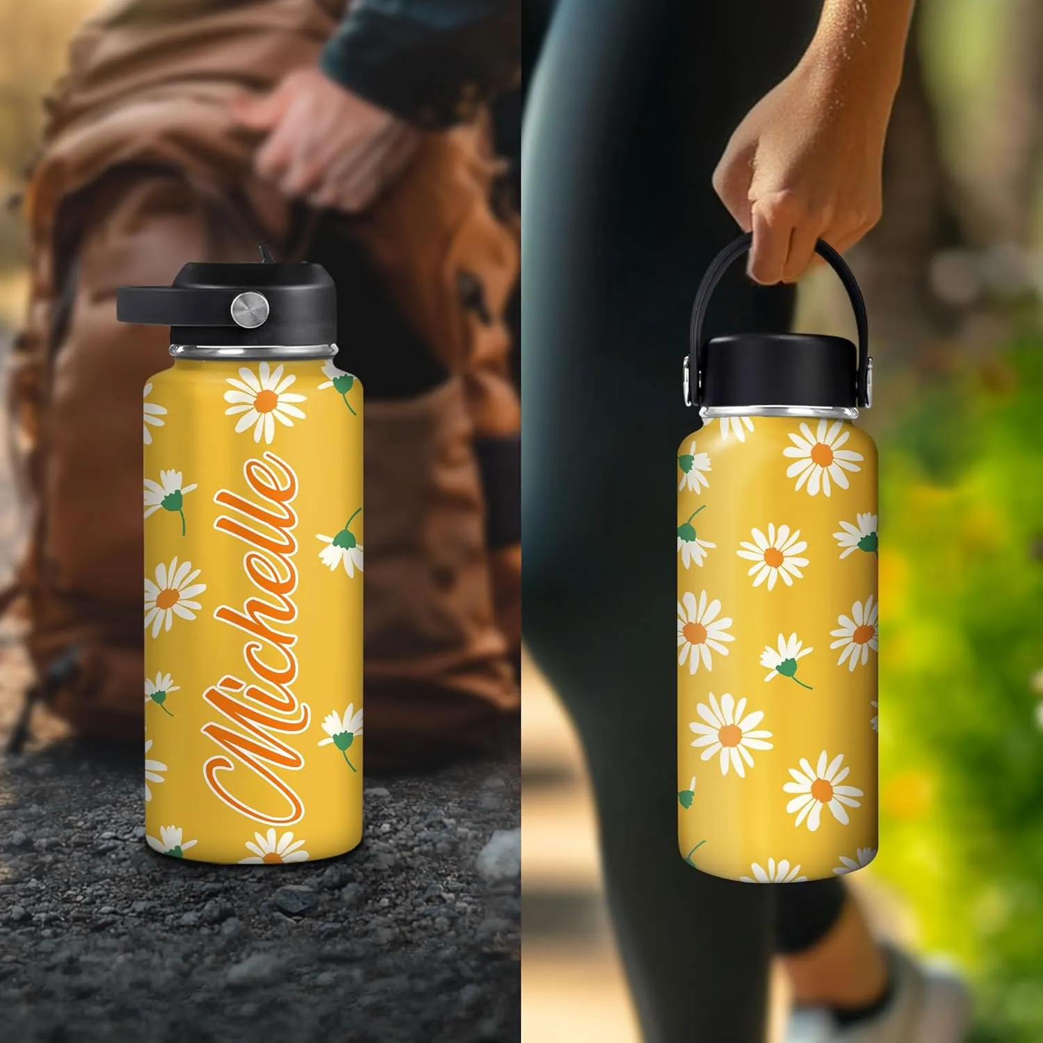 Hyturtle Personalized Gifts For Daisy Flower Lover - White Daisy Flower Print Custom Name Stainless Steel Water Bottle 12oz 18oz 32oz Stainless Steel Bottle With Straw Lid - Gifts For Her Women Girl