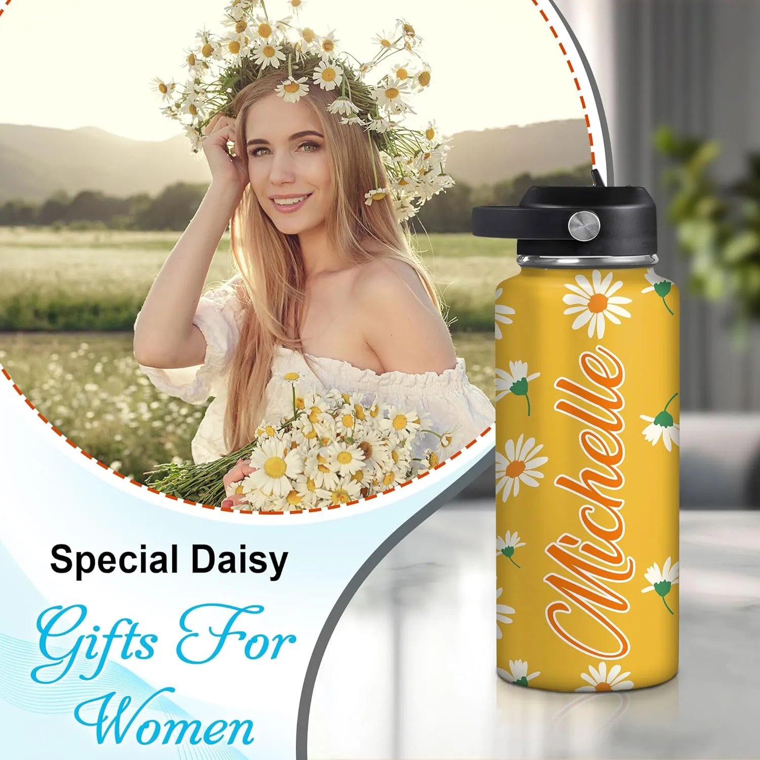 Hyturtle Personalized Gifts For Daisy Flower Lover - White Daisy Flower Print Custom Name Stainless Steel Water Bottle 12oz 18oz 32oz Stainless Steel Bottle With Straw Lid - Gifts For Her Women Girl