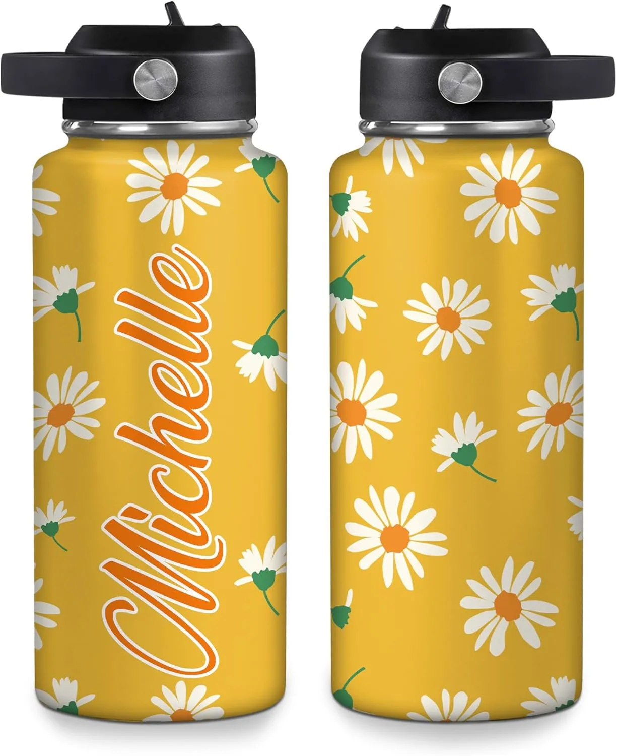 Hyturtle Personalized Gifts For Daisy Flower Lover - White Daisy Flower Print Custom Name Stainless Steel Water Bottle 12oz 18oz 32oz Stainless Steel Bottle With Straw Lid - Gifts For Her Women Girl