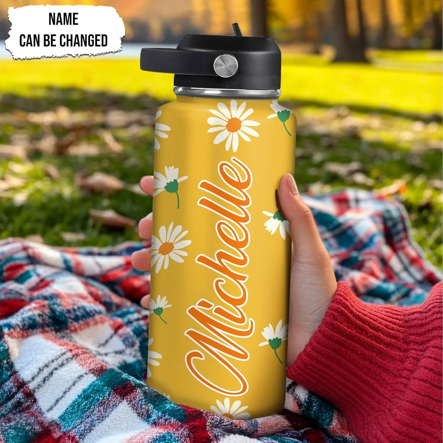 Hyturtle Personalized Gifts For Daisy Flower Lover - White Daisy Flower Print Custom Name Stainless Steel Water Bottle 12oz 18oz 32oz Stainless Steel Bottle With Straw Lid - Gifts For Her Women Girl