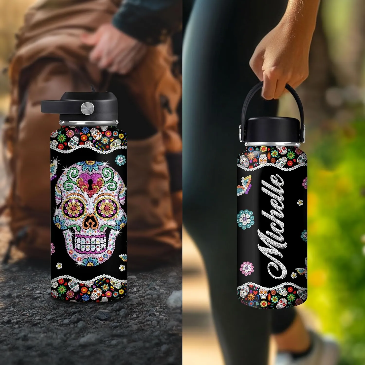 Hyturtle Personalized Skull Water Bottle - Travel Insulated Stainless Steel Bottle with Leak-Proof Lid 18oz 32oz - Custom Name Gothic Style Gift for Women, Skull Lovers - Birthday & Christmas Gift