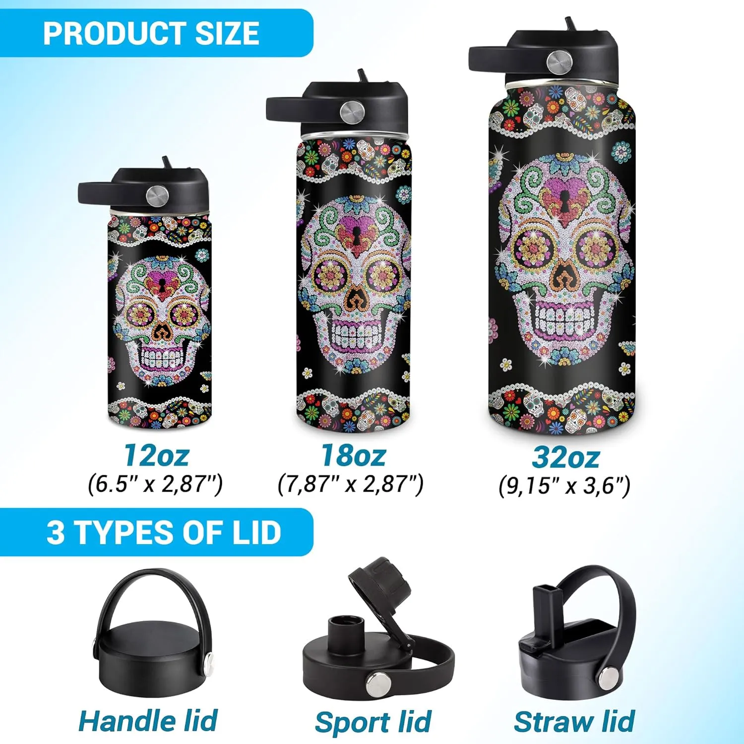 Hyturtle Personalized Skull Water Bottle - Travel Insulated Stainless Steel Bottle with Leak-Proof Lid 18oz 32oz - Custom Name Gothic Style Gift for Women, Skull Lovers - Birthday & Christmas Gift