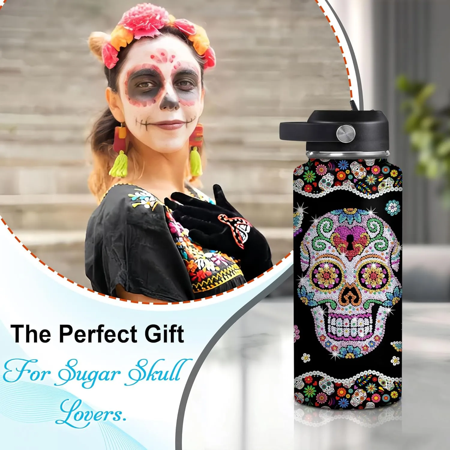 Hyturtle Personalized Skull Water Bottle - Travel Insulated Stainless Steel Bottle with Leak-Proof Lid 18oz 32oz - Custom Name Gothic Style Gift for Women, Skull Lovers - Birthday & Christmas Gift