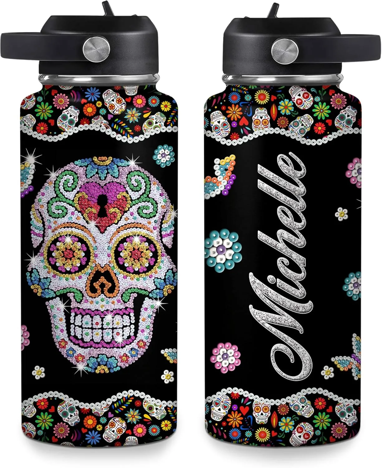 Hyturtle Personalized Skull Water Bottle - Travel Insulated Stainless Steel Bottle with Leak-Proof Lid 18oz 32oz - Custom Name Gothic Style Gift for Women, Skull Lovers - Birthday & Christmas Gift
