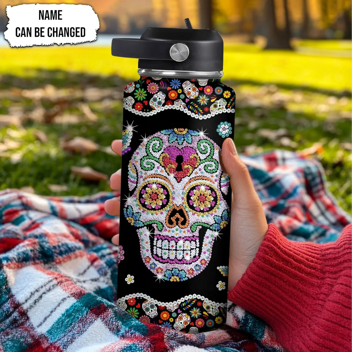 Hyturtle Personalized Skull Water Bottle - Travel Insulated Stainless Steel Bottle with Leak-Proof Lid 18oz 32oz - Custom Name Gothic Style Gift for Women, Skull Lovers - Birthday & Christmas Gift