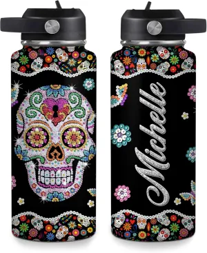 Hyturtle Personalized Skull Water Bottle - Travel Insulated Stainless Steel Bottle with Leak-Proof Lid 18oz 32oz - Custom Name Gothic Style Gift for Women, Skull Lovers - Birthday & Christmas Gift