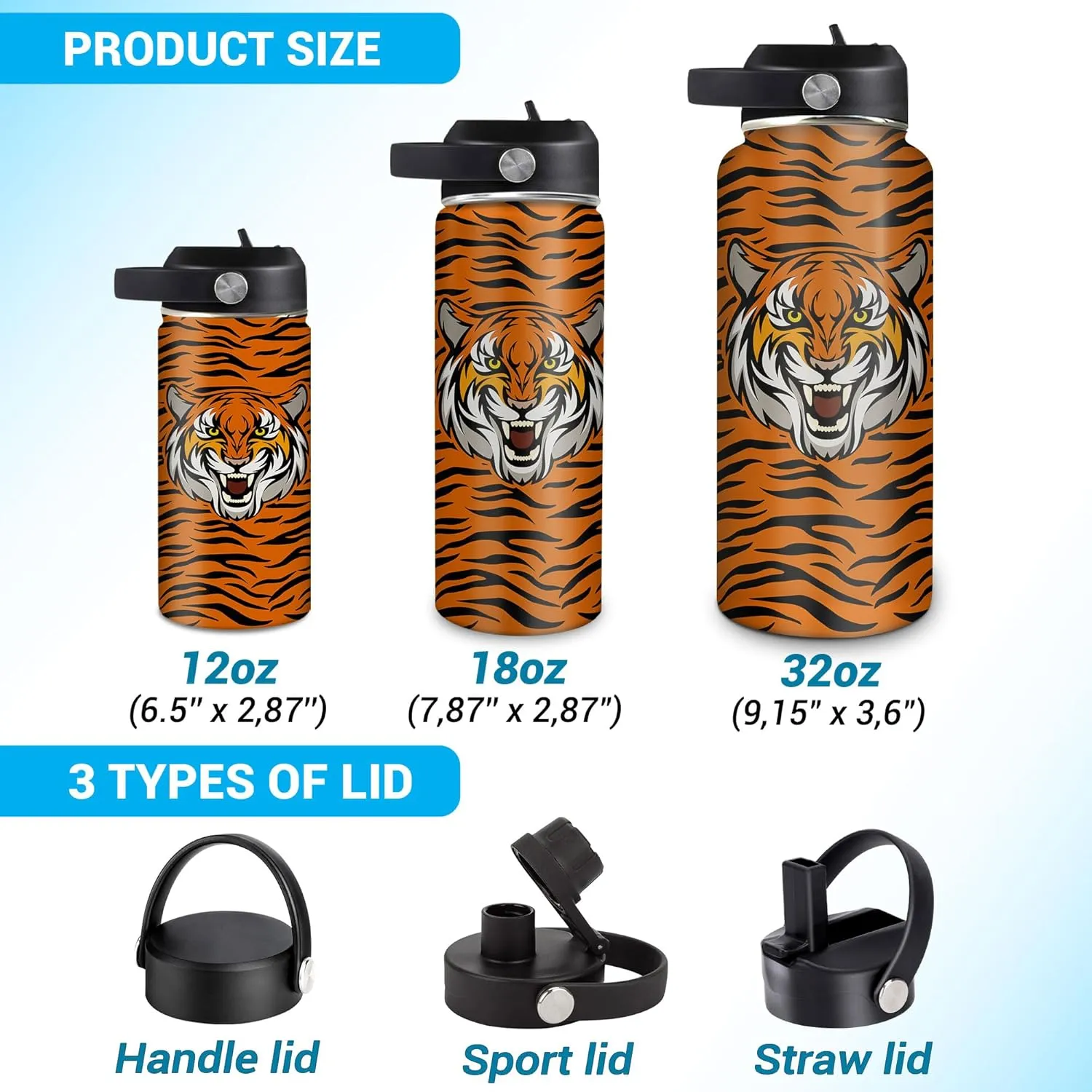 Hyturtle Personalized Tiger Water Bottle - Insulated Stainless Steel Bottle with Leak-Proof Lid 18oz 32oz - Floral Gift for Women, Girls, Tiger Lovers, Animal Lovers - Birthday & Christmas Gift