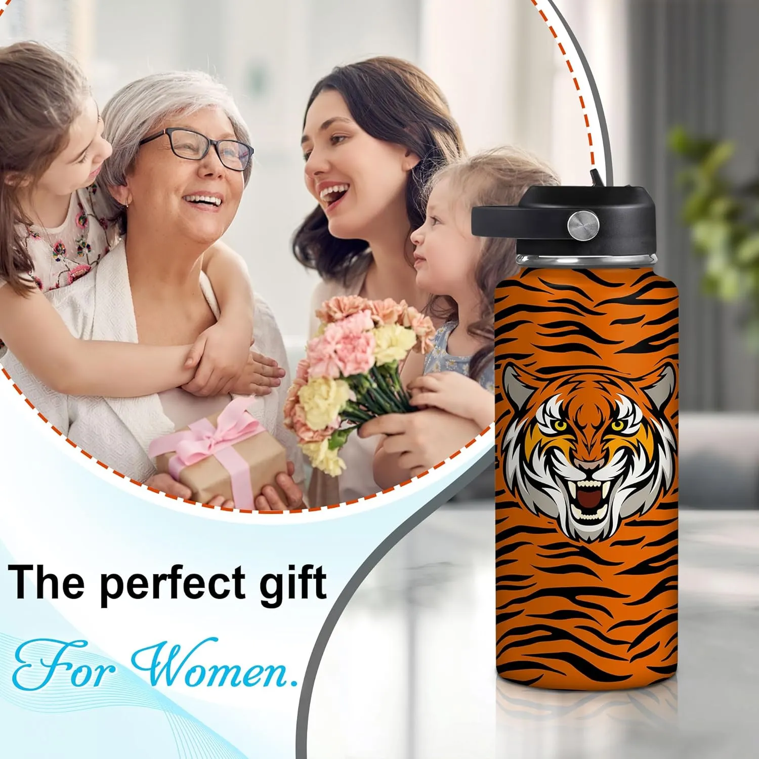 Hyturtle Personalized Tiger Water Bottle - Insulated Stainless Steel Bottle with Leak-Proof Lid 18oz 32oz - Floral Gift for Women, Girls, Tiger Lovers, Animal Lovers - Birthday & Christmas Gift