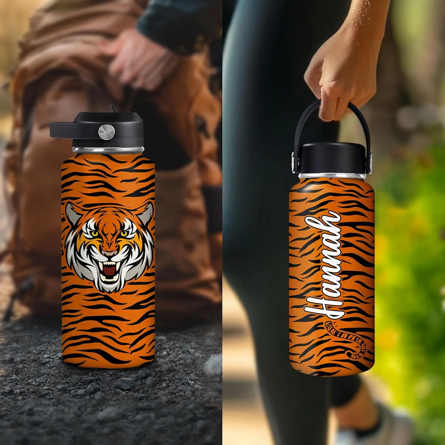 Hyturtle Personalized Tiger Water Bottle - Insulated Stainless Steel Bottle with Leak-Proof Lid 18oz 32oz - Floral Gift for Women, Girls, Tiger Lovers, Animal Lovers - Birthday & Christmas Gift