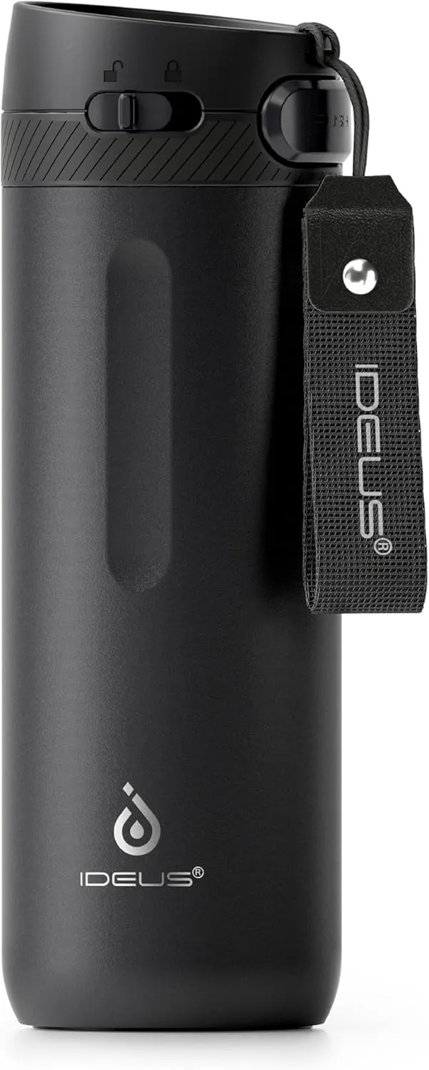 IDEUS Insulated Stainless Steel Water Bottle 17 oz Push Button Lid & Leakproof Travel Mug for Hot/Cold Beverages Fits Most Cup Holder (Black)