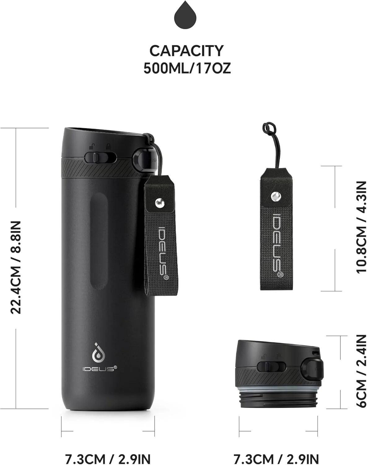 IDEUS Insulated Stainless Steel Water Bottle 17 oz Push Button Lid & Leakproof Travel Mug for Hot/Cold Beverages Fits Most Cup Holder (Black)