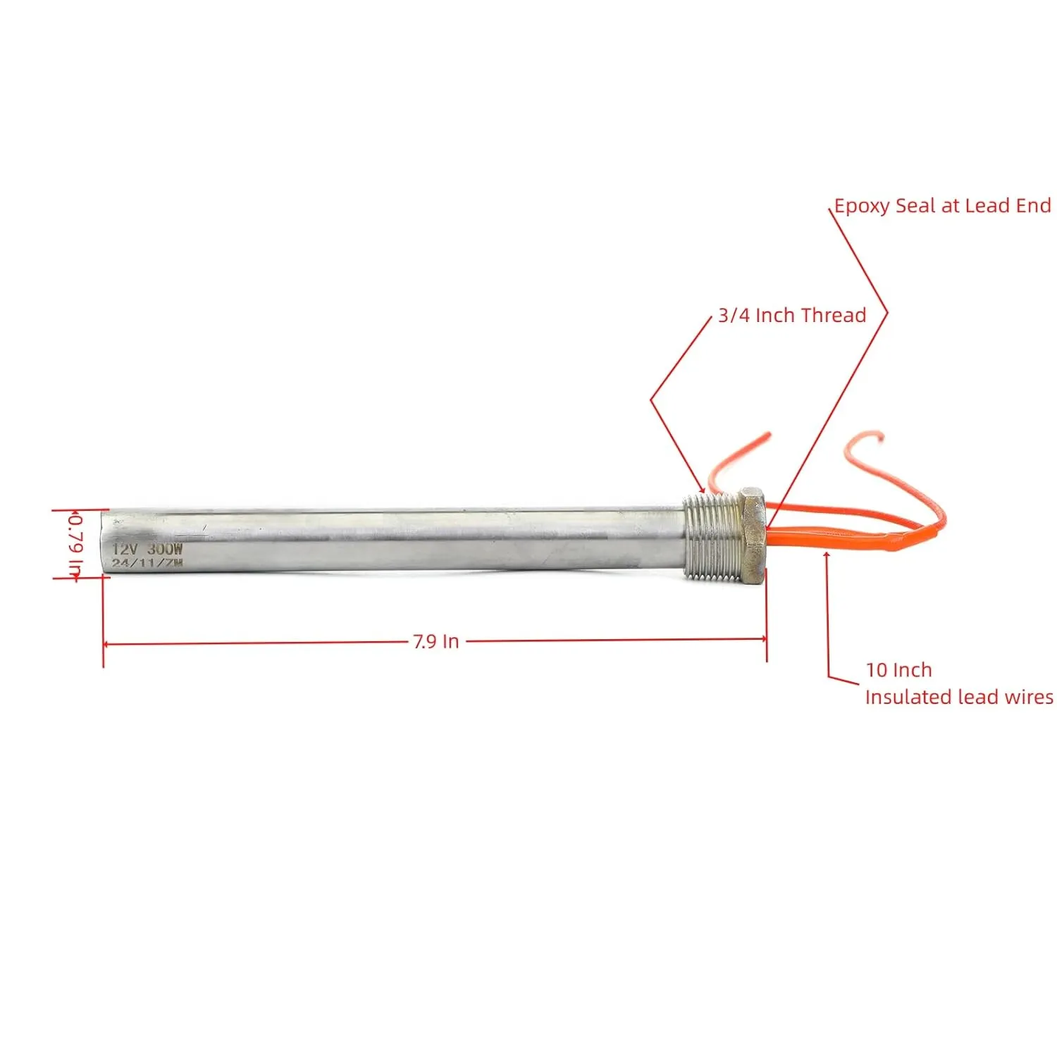 Immersion Cartridge Heater 12V 200W / 300W Hot Rod Heating Element Replacement 3/4 Inch Thread (300W)