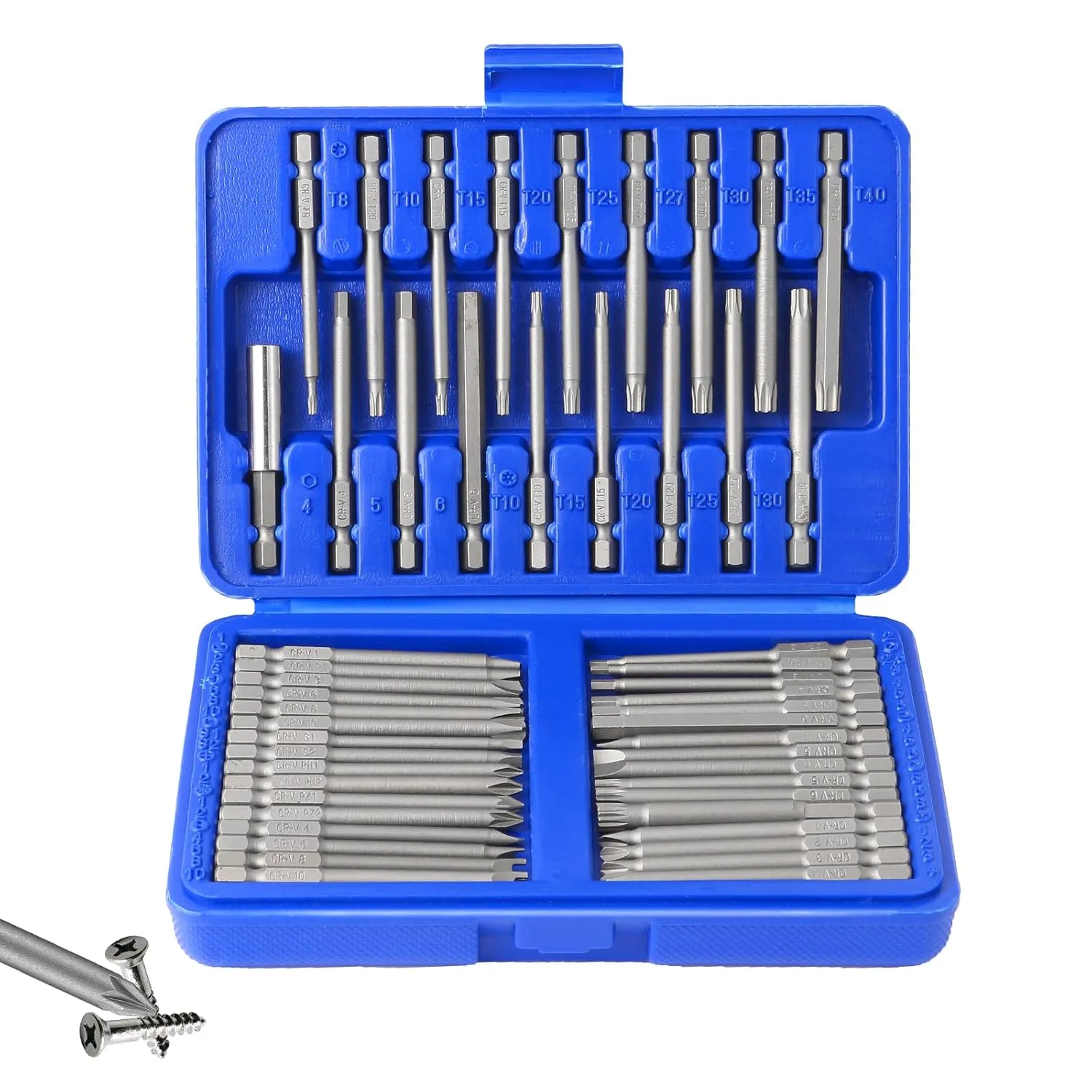 Impact Driver Bit Set 50 pcs Magnetic CRV Steel 1/4'' Hex-Shank Phillips Slotted Hex Torx Star Tamperproof Pozi Square Spanner Torque Tri-Wing Clutch Spline Bits Set with Magnetic Bit Holder