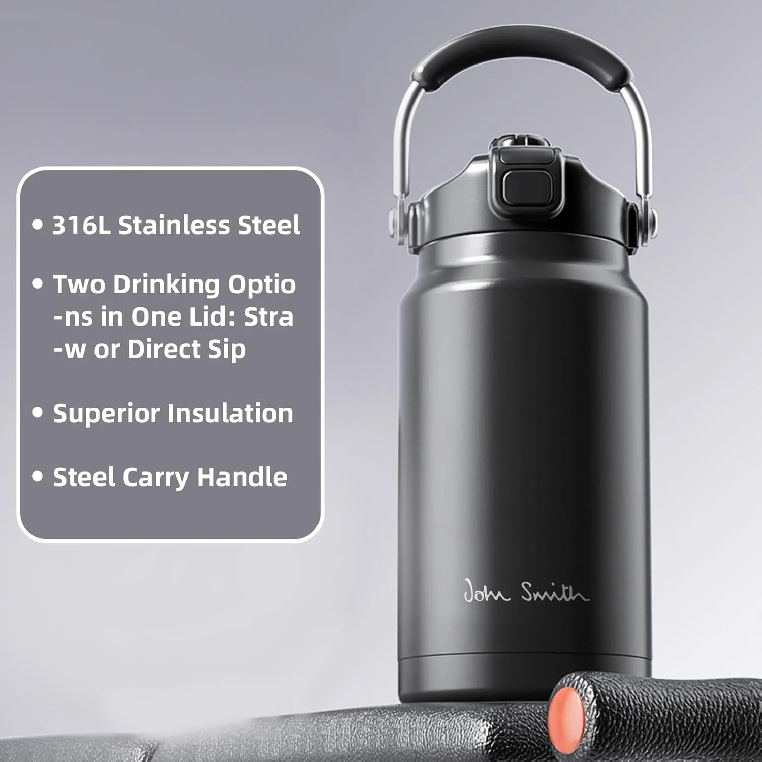 Insulated Sports Water Bottle, 50oz Large Stainless Steel Water Bottle Wide Mouth Vacuum Insulated Sports Water Leak-proof Bottle with Handle Straw Lid Perfect for Sports Travel (Black)