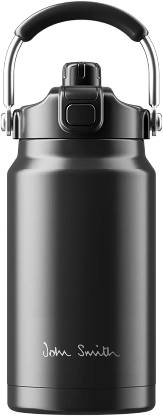 Insulated Sports Water Bottle, 50oz Large Stainless Steel Water Bottle Wide Mouth Vacuum Insulated Sports Water Leak-proof Bottle with Handle Straw Lid Perfect for Sports Travel (Black)