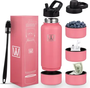Insulated Sports Water Bottle - WONGLE 32 oz Water Bottle with Hidden Storage Compartment, 2 lids, Straw, Hot & Cold Double-Walled Vacuum Insulated Stainless Steel Gym & Thermos Bottle (Rose)