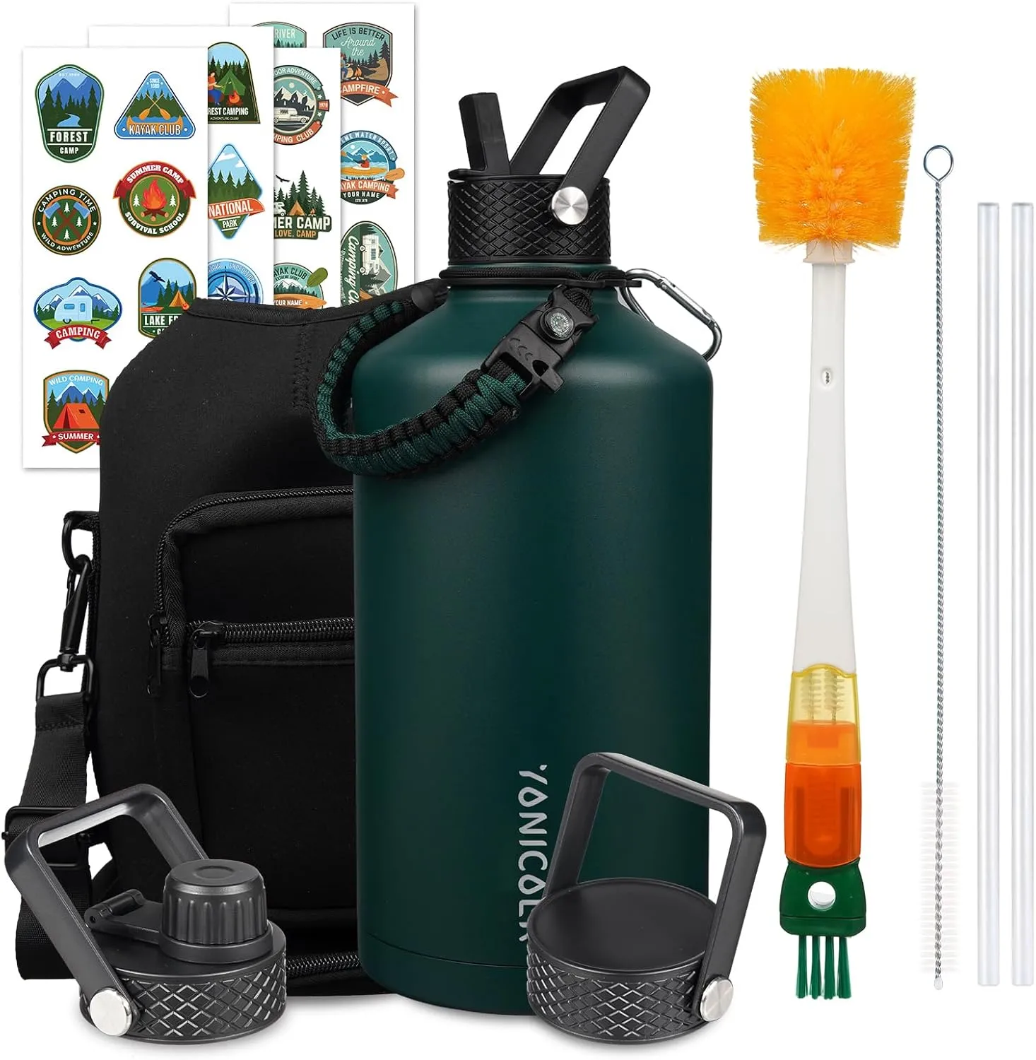 Insulated Water Bottle 128oz,Triple Wall Vacuum Stainless Steel(Dishwasher Safe),Leak Proof & Non-BPA,Flask Jug with Paracord Handle & Straw Spout Lids Sports Green