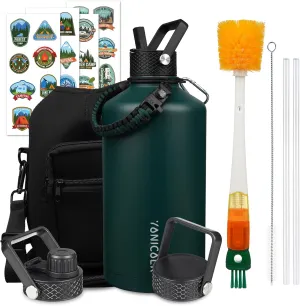 Insulated Water Bottle 128oz,Triple Wall Vacuum Stainless Steel(Dishwasher Safe),Leak Proof & Non-BPA,Flask Jug with Paracord Handle & Straw Spout Lids Sports Green