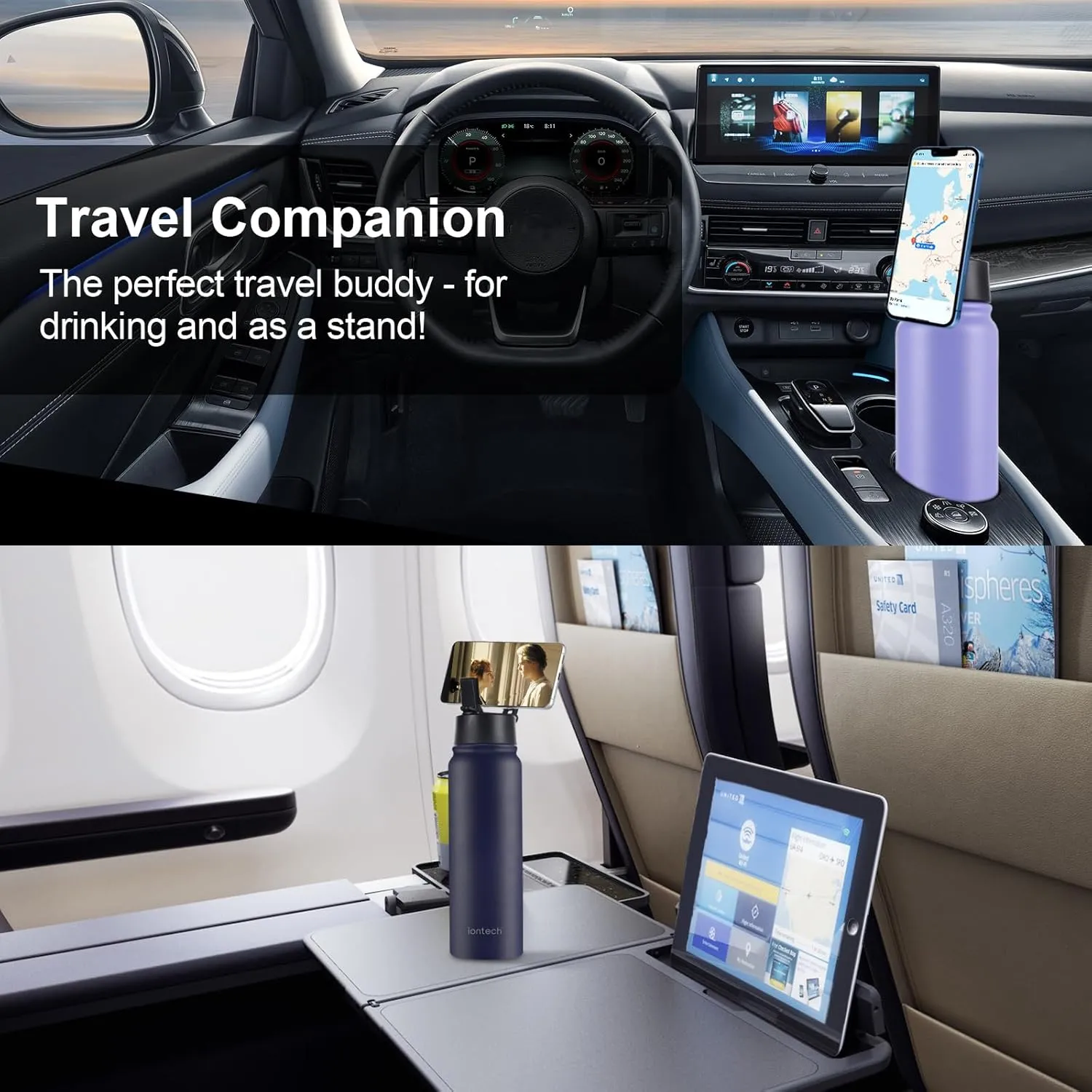 Insulated Water Bottle with Magnetic Phone Holder Compatible with MagSafe and iPhone, Double-Sided Magnet, Stainless Steel Water Bottle Phone Mount for Sports Travel, Hot 12H Cold 24H, 27oz (Blue)