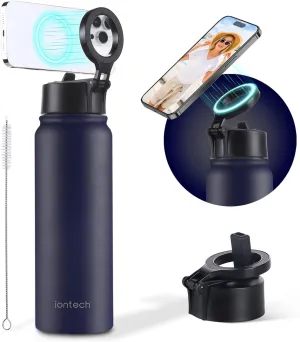 Insulated Water Bottle with Magnetic Phone Holder Compatible with MagSafe and iPhone, Double-Sided Magnet, Stainless Steel Water Bottle Phone Mount for Sports Travel, Hot 12H Cold 24H, 27oz (Blue)
