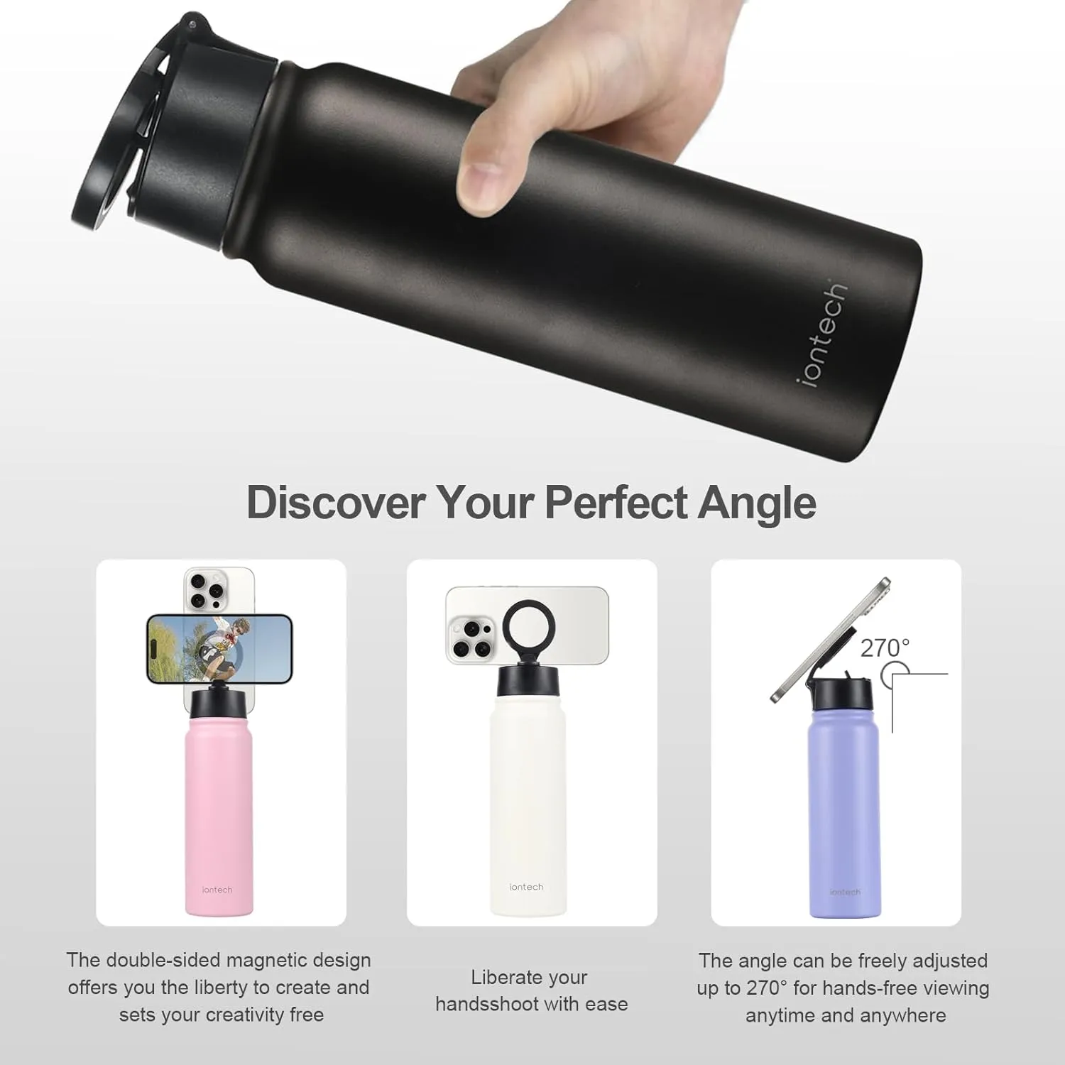 Insulated Water Bottle with Magnetic Phone Holder Compatible with MagSafe and iPhone, Double-Sided Magnet, Stainless Steel Water Bottle Phone Mount for Sports Travel, Hot 12H Cold 24H, 27oz (Blue)