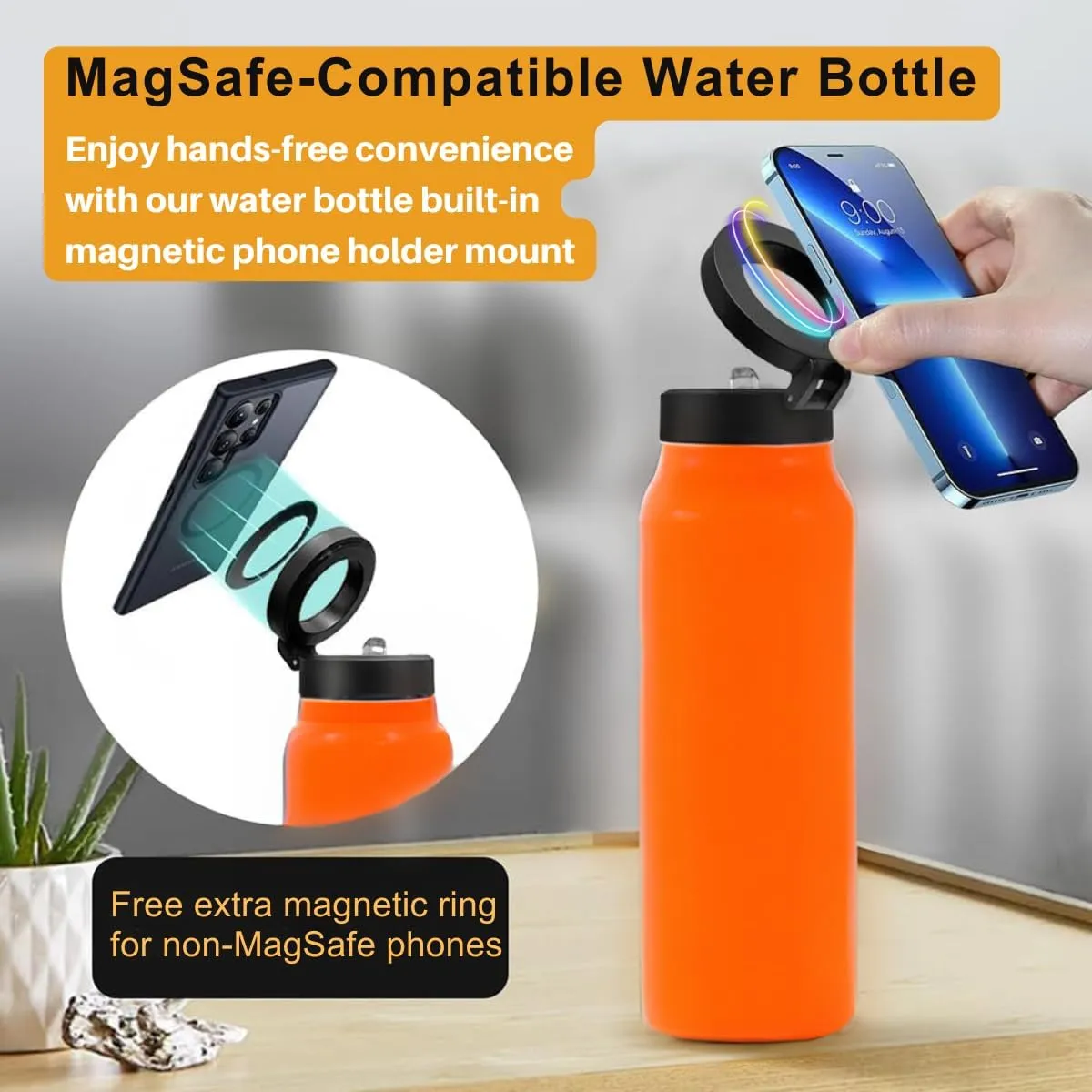 Insulated Water Bottle with Magnetic Phone Holder Lid With Straw - Stainless Steel Mag-safe Water Bottle with Phone Holder Magnet Mount For Gym, Sports, Car - Hot 12H, Cold 24H (Orange, 24 Oz)