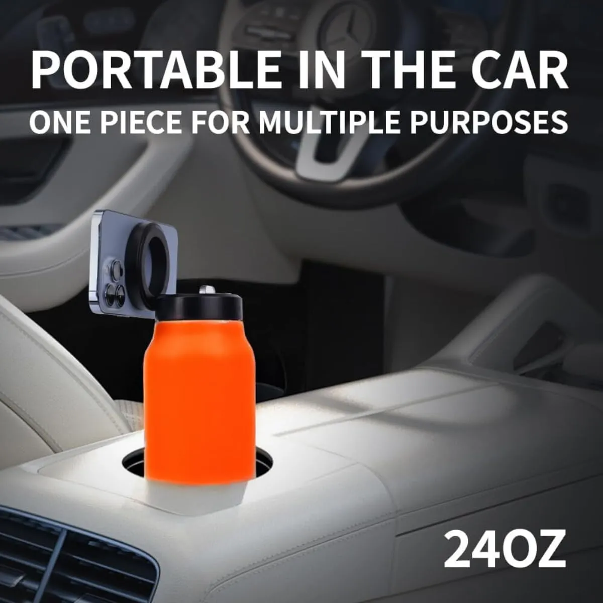 Insulated Water Bottle with Magnetic Phone Holder Lid With Straw - Stainless Steel Mag-safe Water Bottle with Phone Holder Magnet Mount For Gym, Sports, Car - Hot 12H, Cold 24H (Orange, 24 Oz)