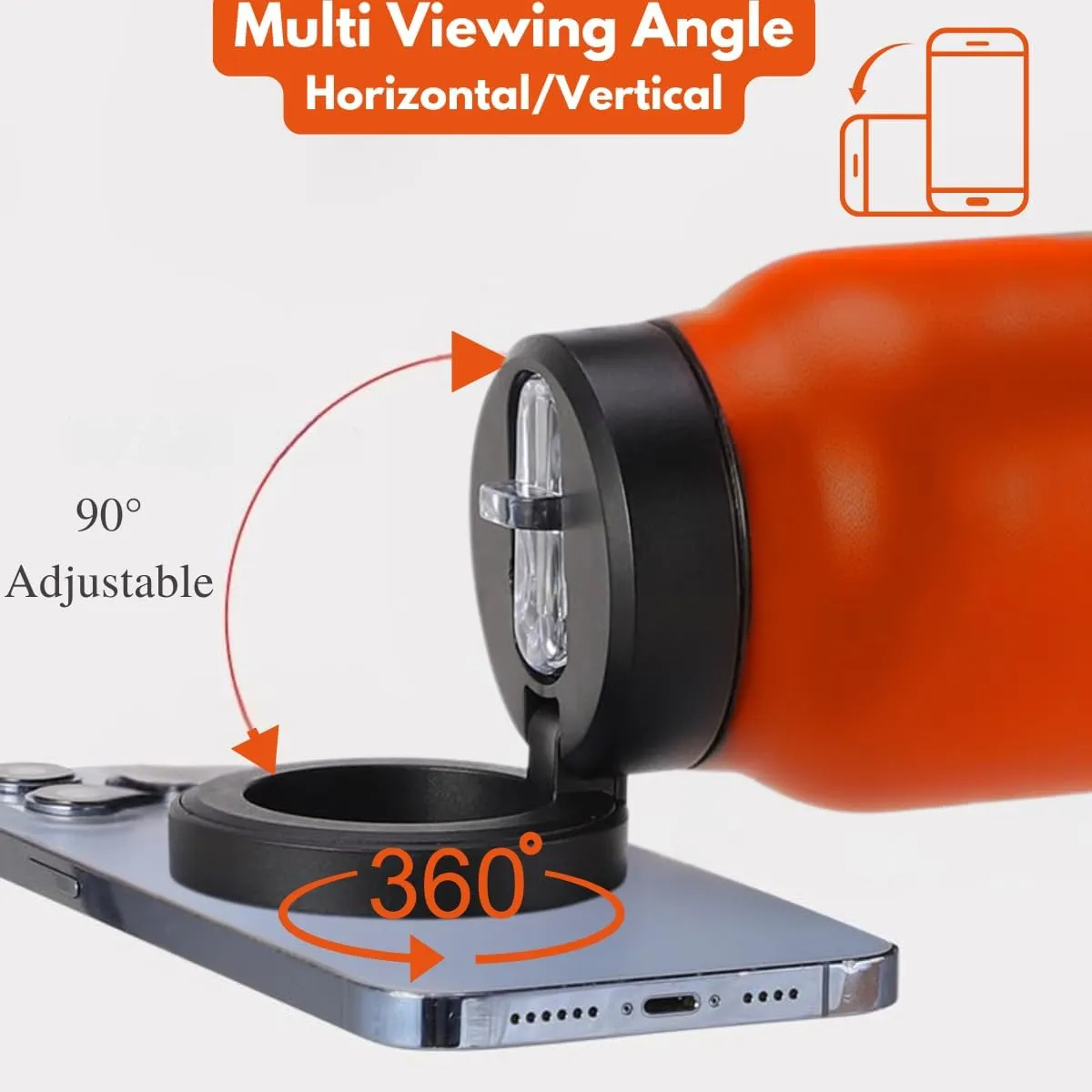 Insulated Water Bottle with Magnetic Phone Holder Lid With Straw - Stainless Steel Mag-safe Water Bottle with Phone Holder Magnet Mount For Gym, Sports, Car - Hot 12H, Cold 24H (Orange, 24 Oz)