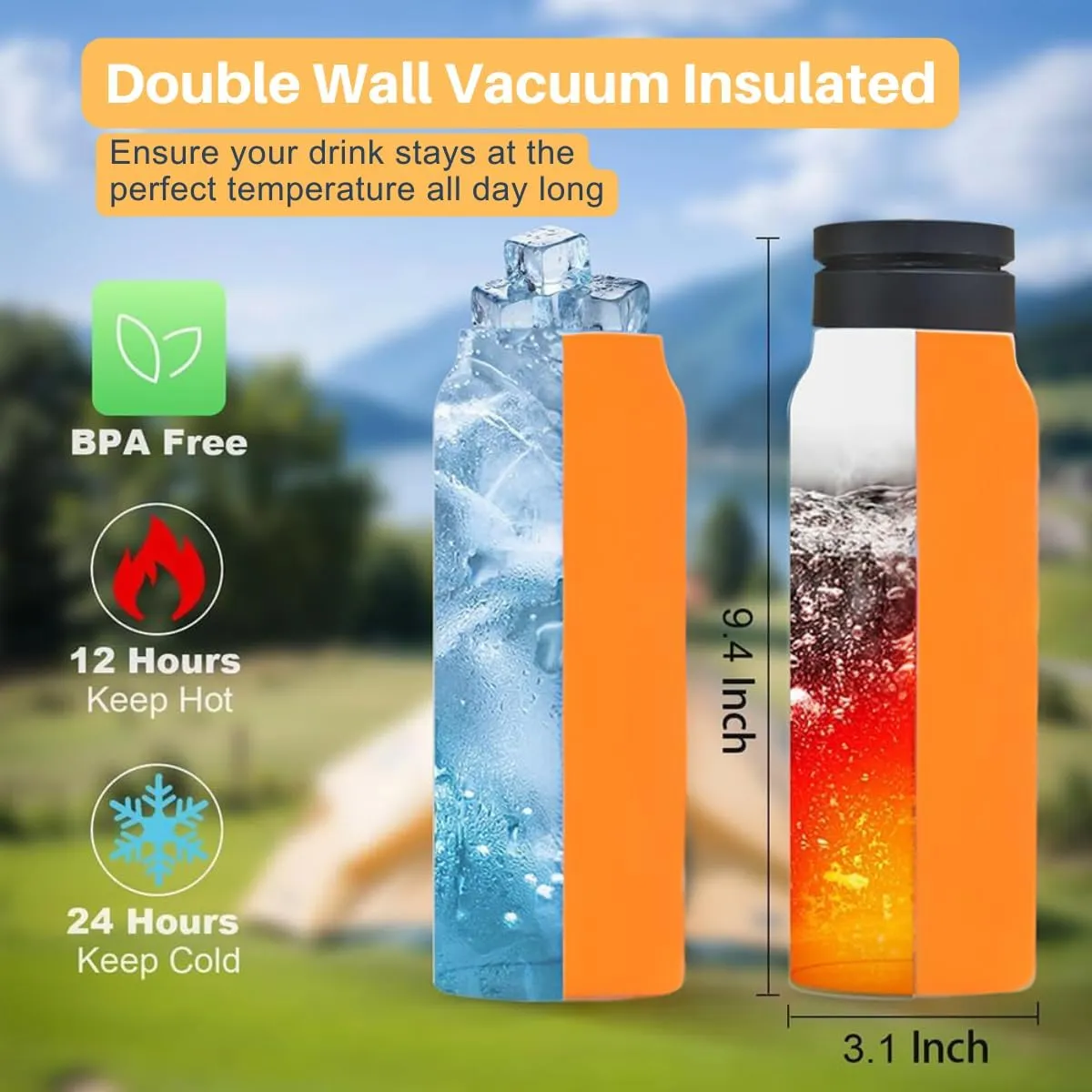 Insulated Water Bottle with Magnetic Phone Holder Lid With Straw - Stainless Steel Mag-safe Water Bottle with Phone Holder Magnet Mount For Gym, Sports, Car - Hot 12H, Cold 24H (Orange, 24 Oz)