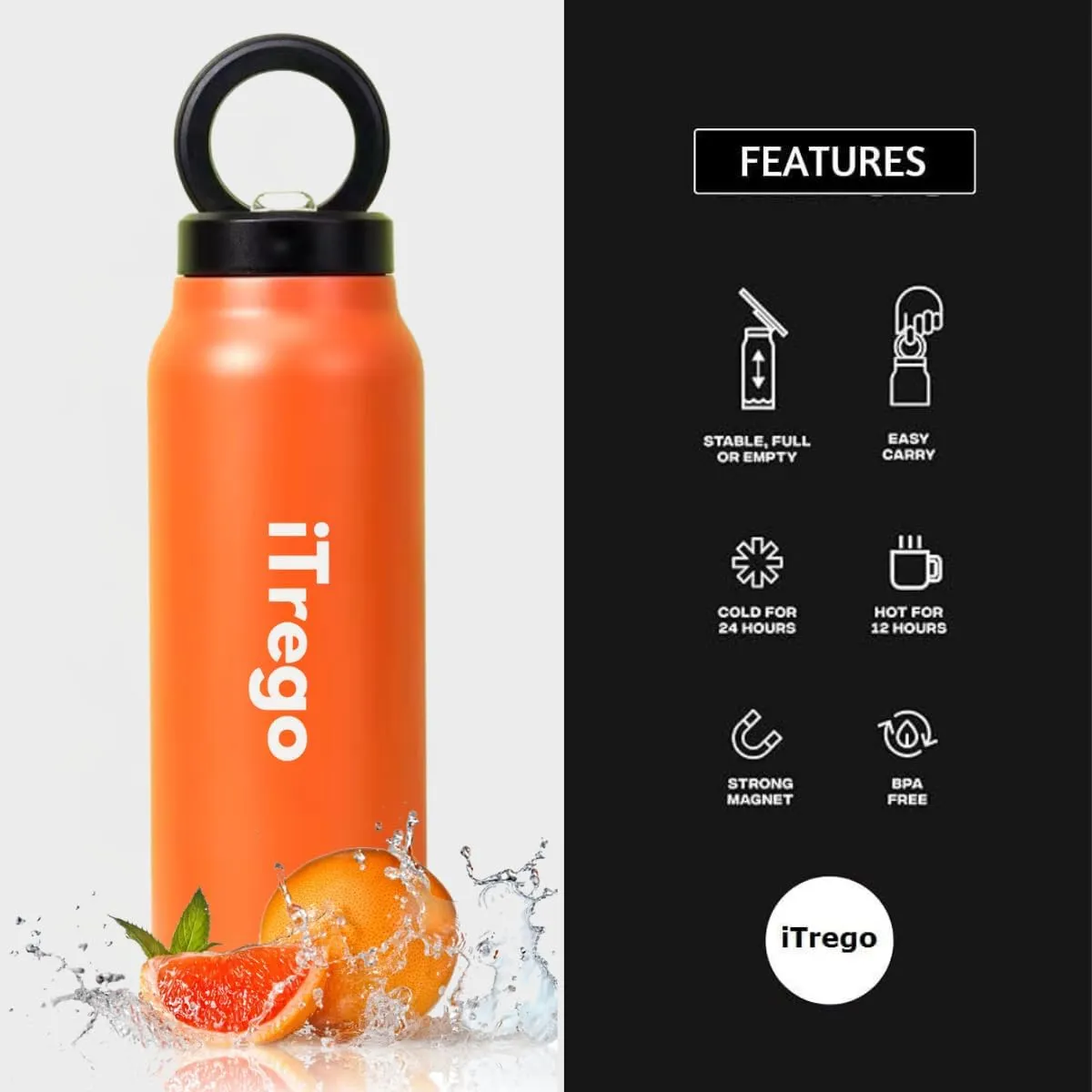 Insulated Water Bottle with Magnetic Phone Holder Lid With Straw - Stainless Steel Mag-safe Water Bottle with Phone Holder Magnet Mount For Gym, Sports, Car - Hot 12H, Cold 24H (Orange, 24 Oz)