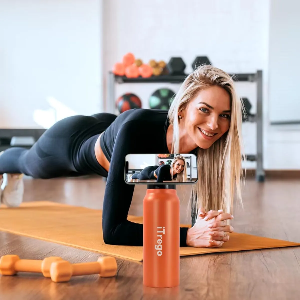 Insulated Water Bottle with Magnetic Phone Holder Lid With Straw - Stainless Steel Mag-safe Water Bottle with Phone Holder Magnet Mount For Gym, Sports, Car - Hot 12H, Cold 24H (Orange, 24 Oz)