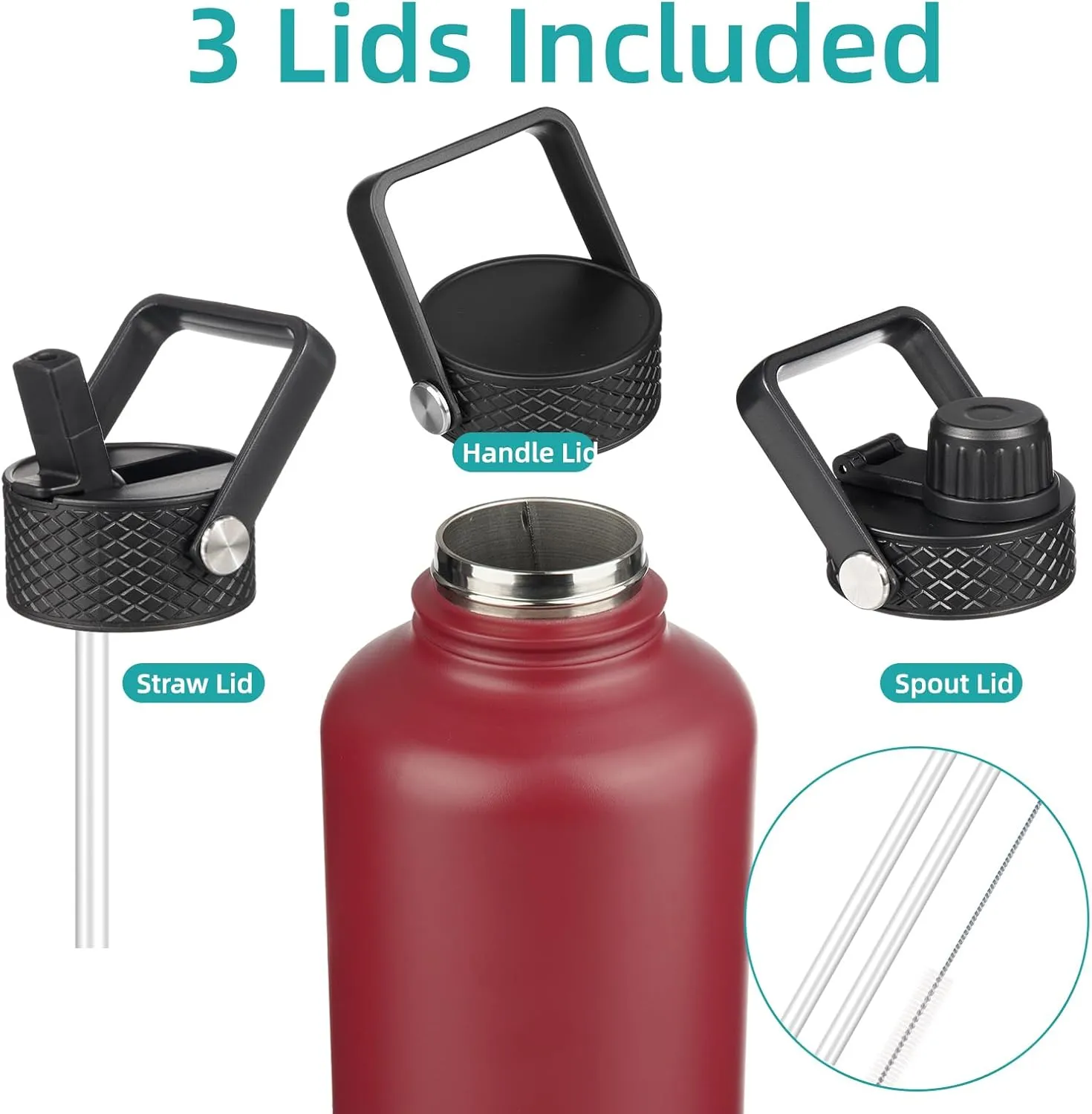 Insulated Water Bottle with Straw,50 oz 3 Lids Water Jug with Carrying Bag,Paracord Handle,Double Wall Vacuum Stainless Steel Metal Flask,Dark Red