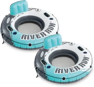 Intex 56825EP River Run 1 Inflatable Floating Lounge: Backrest – Built-in Cup Holders – Grab Handles – Grab Rope – 220lb Capacity – Color May Vary (2 Pack)