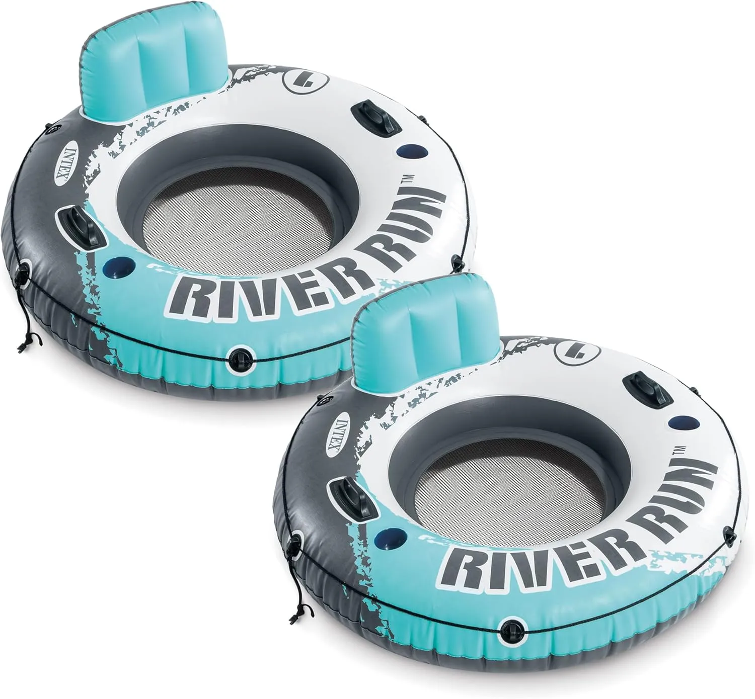 Intex 56825EP River Run 1 Inflatable Floating Lounge: Backrest – Built-in Cup Holders – Grab Handles – Grab Rope – 220lb Capacity – Color May Vary (2 Pack)