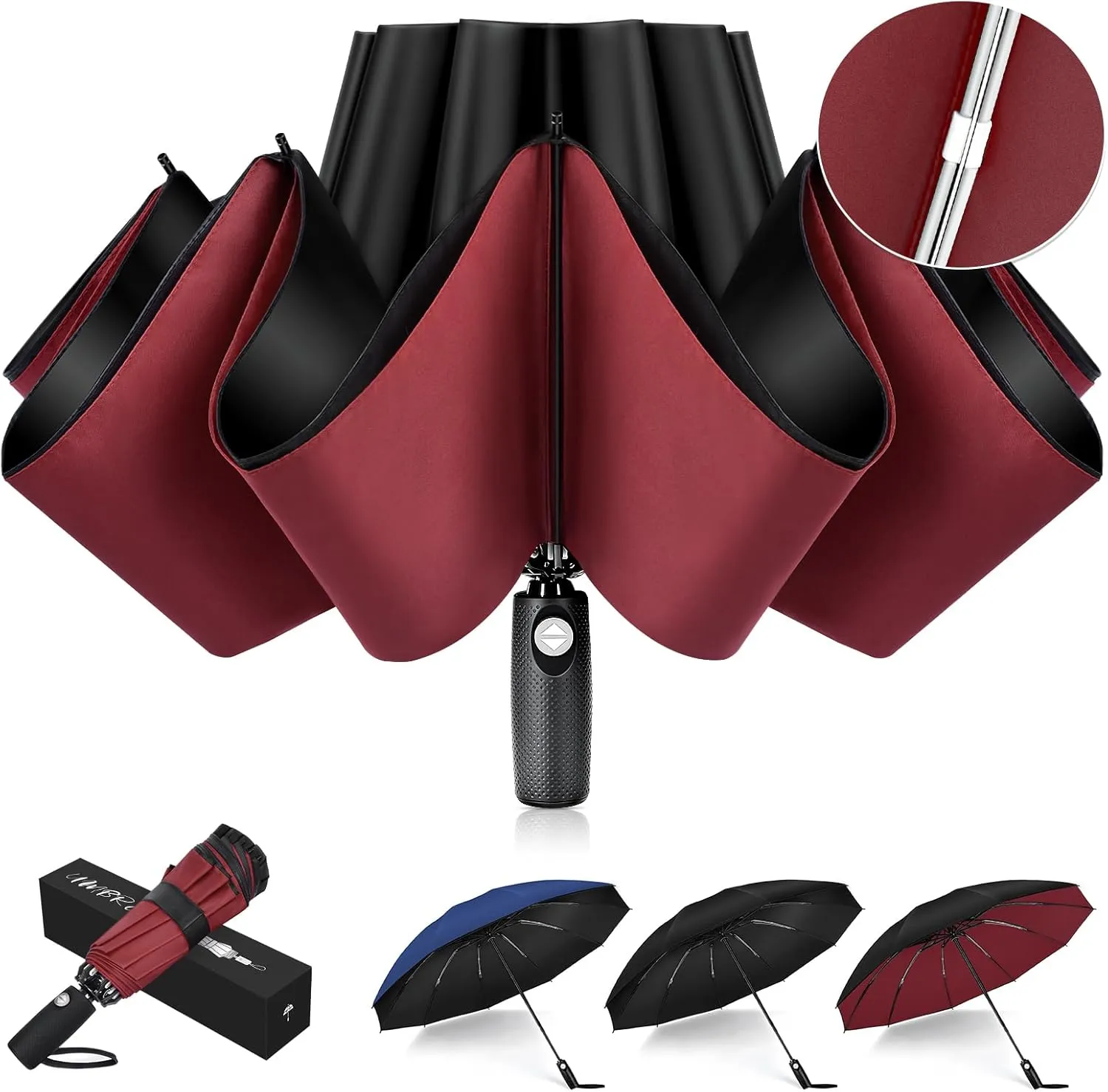 Inverted Umbrella, Strongest Windproof Umbrellas for Rain & Sun - Auto Open & Close, Portable & Compact Travel Umbrella for Women Men, Reinforced Fiberglass Ribs & UV Resistant Vinyl Coating