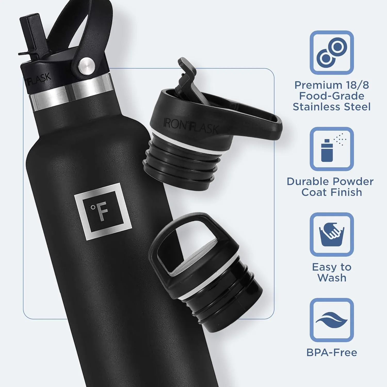 IRON °FLASK Sports Water Bottle - 24 Oz - 3 Lids (Narrow Straw Lid) Leak Proof Vacuum Insulated Stainless Steel - Hot & Cold Double Walled Insulated Thermos, Durable Metal Canteen