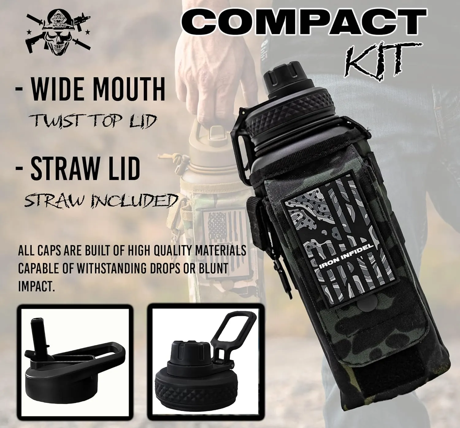 Iron Infidel Battle Bottle - 32 Oz Insulated Water Bottle with Straw Lid & Chug Cap, Stainless Steel Metal Tactical Flask With Rugged, Removable Sleeve for Keys & Phone or Wallet (Black Camo 1 Liter)