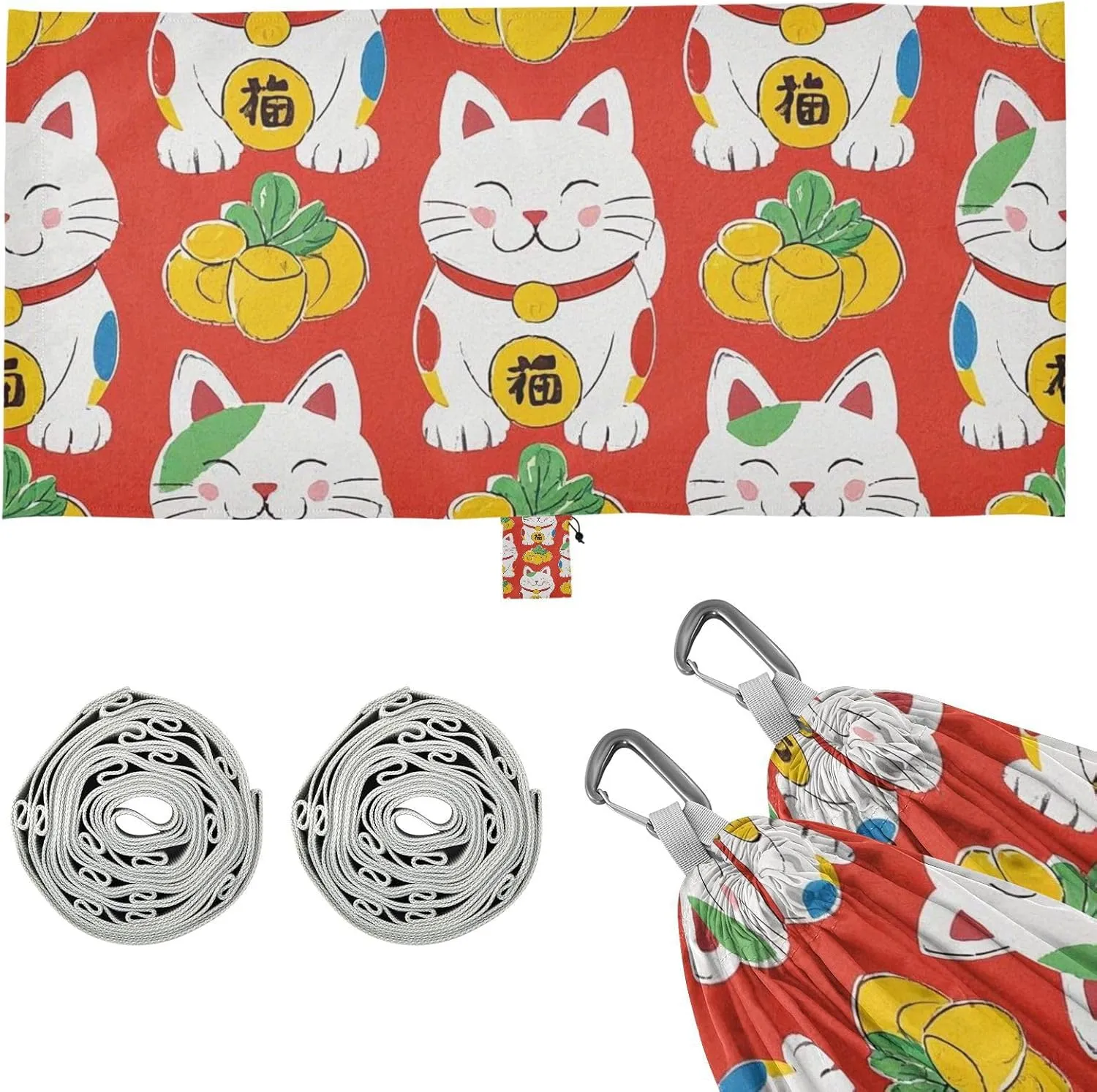 Japanese Lucky Cat Red Outdoor Hammock with Portabl Carry Bag Fabric Hammock for Camping Travel Accessories