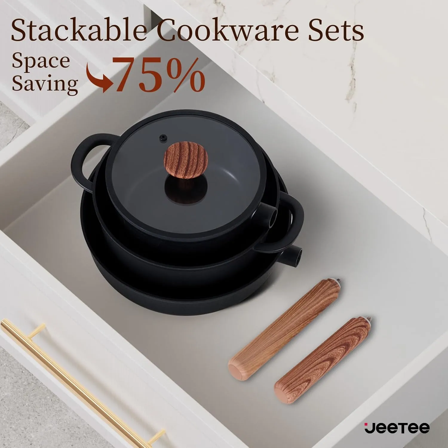 JEETEE Ceramic Cookware Set, 15 PCS Pots and Pans Set Non Stick with Removable Handles, Non Toxic Induction Kitchen Cookware Sets, Dishwasher/Oven Safe PFAS/PTFE/PFOA Free Black