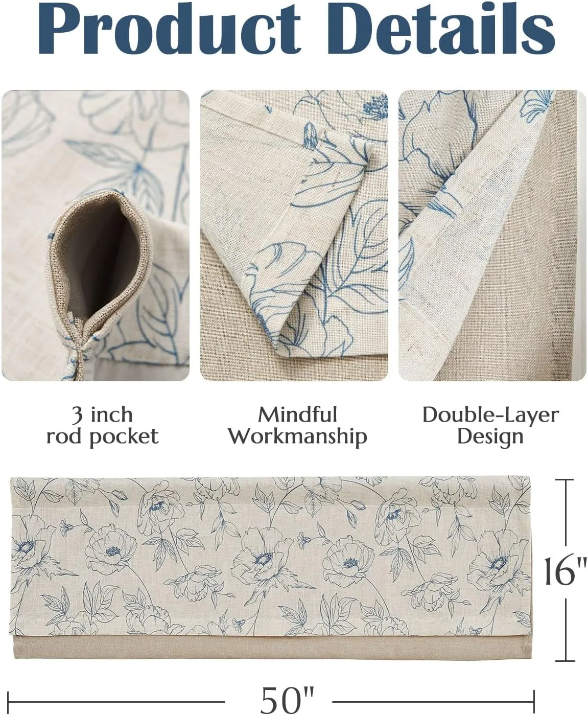 jinchan Linen Floral Valance Curtain for Kitchen Blue Flower on Beige for Windows Room Darkening Farmhouse Valance Double Layer Window Treatment Decoration 1 Panel Rod Pocket 16 Inch