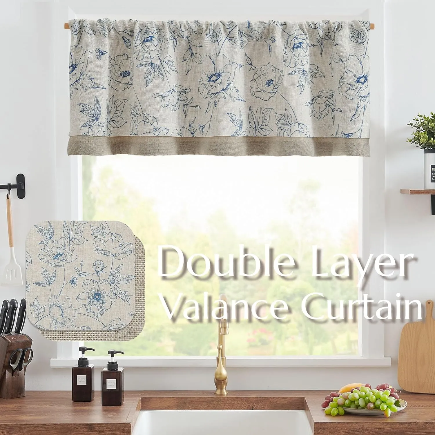 jinchan Linen Floral Valance Curtain for Kitchen Blue Flower on Beige for Windows Room Darkening Farmhouse Valance Double Layer Window Treatment Decoration 1 Panel Rod Pocket 16 Inch