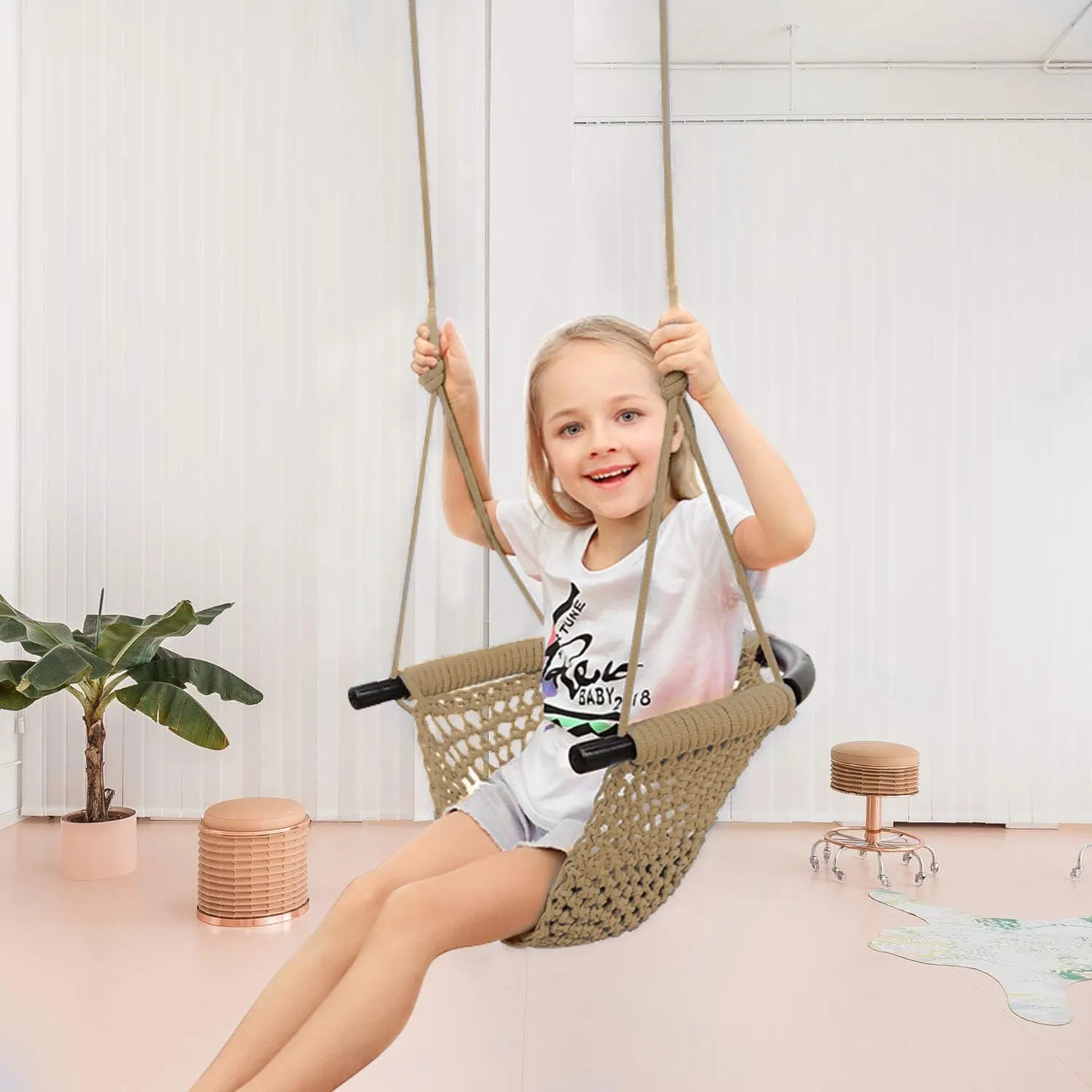 JKsmart Swing Seat for Kids Heavy Duty Rope Play Secure Children Swing Set,Perfect for Indoor,Outdoor,Playground,Home,Tree,with Snap Hooks and Swing Straps,440 lbs Capacity, Light Brown