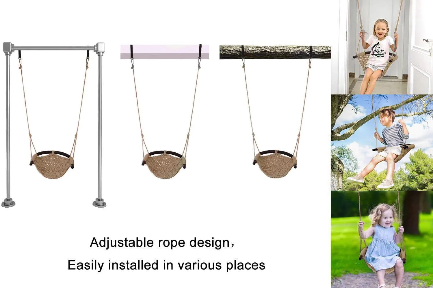 JKsmart Swing Seat for Kids Heavy Duty Rope Play Secure Children Swing Set,Perfect for Indoor,Outdoor,Playground,Home,Tree,with Snap Hooks and Swing Straps,440 lbs Capacity, Light Brown