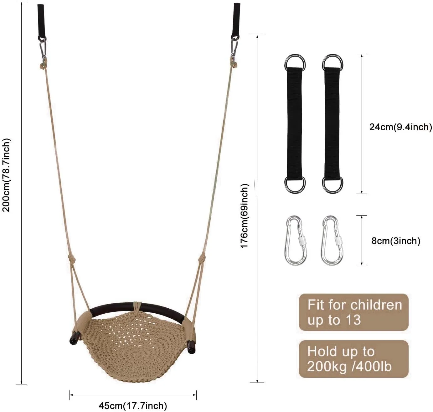 JKsmart Swing Seat for Kids Heavy Duty Rope Play Secure Children Swing Set,Perfect for Indoor,Outdoor,Playground,Home,Tree,with Snap Hooks and Swing Straps,440 lbs Capacity, Light Brown